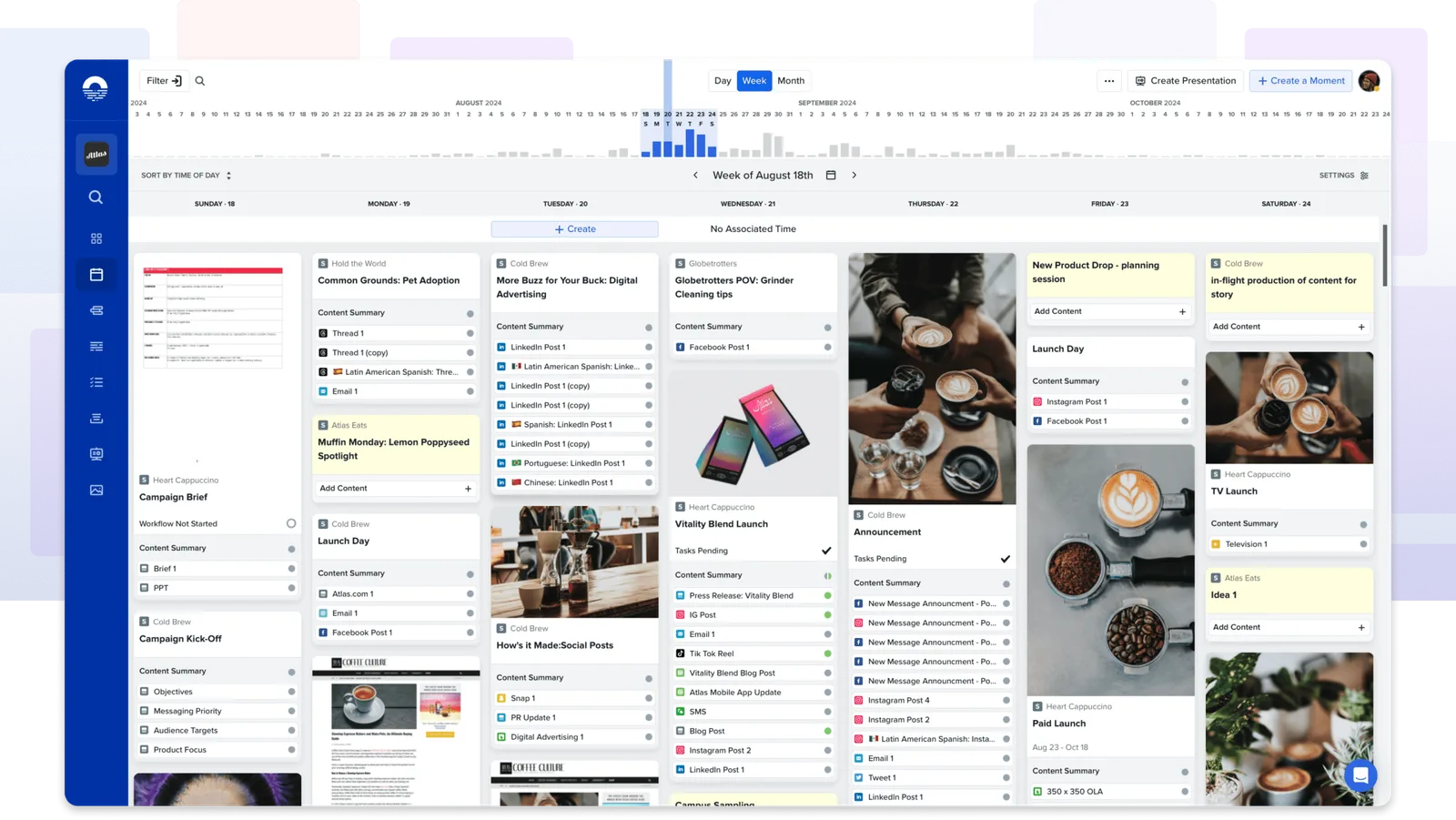 Opal content calendar week view with Day, Week, and Month toggles, a timeline volume strip, Filter and Sort by time of day controls, and moment cards listing Instagram, Facebook, LinkedIn, TikTok, and X posts with localized versions and approval status dots