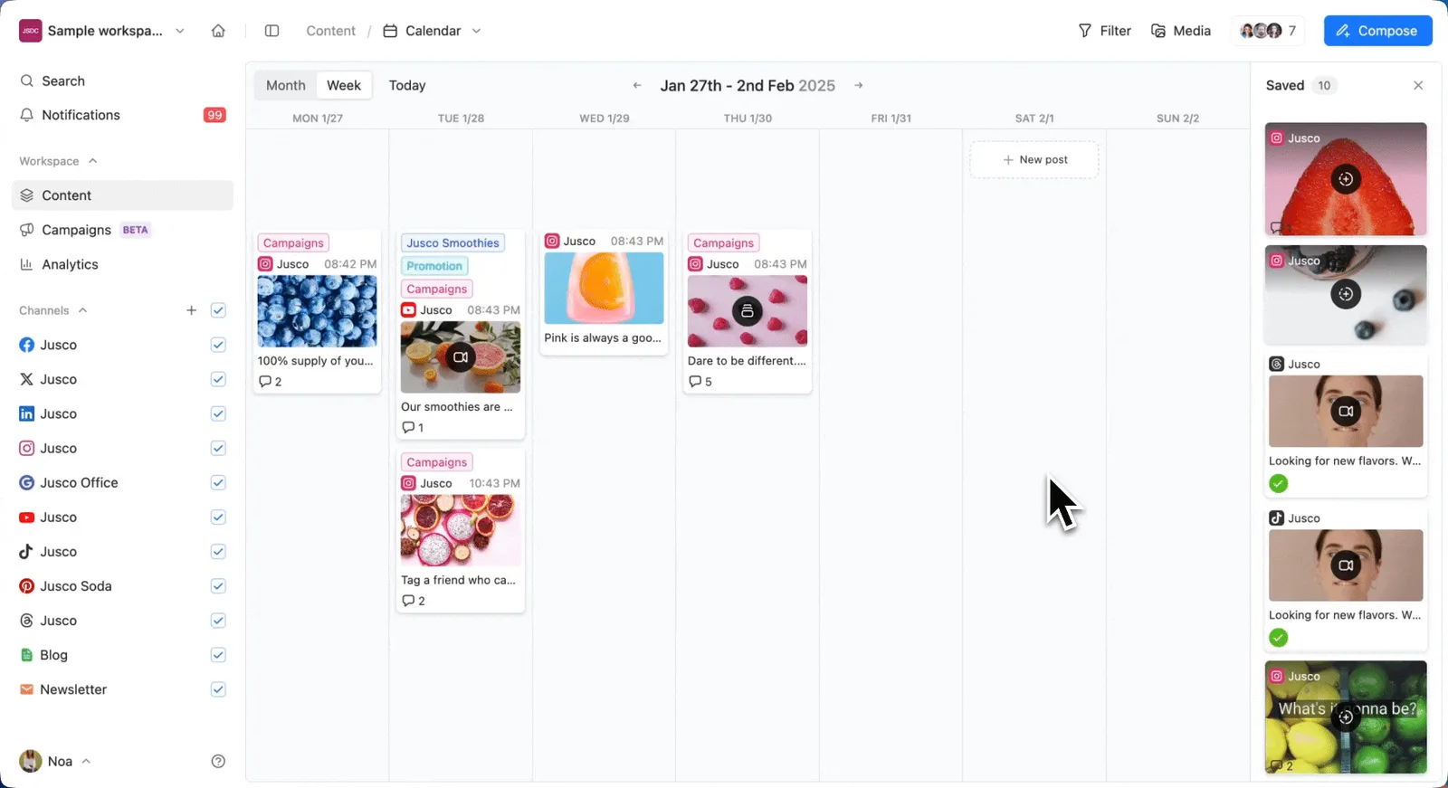 Planable content calendar week view for a sample workspace with campaign labels, channel icons, and a Saved column of approved draft posts