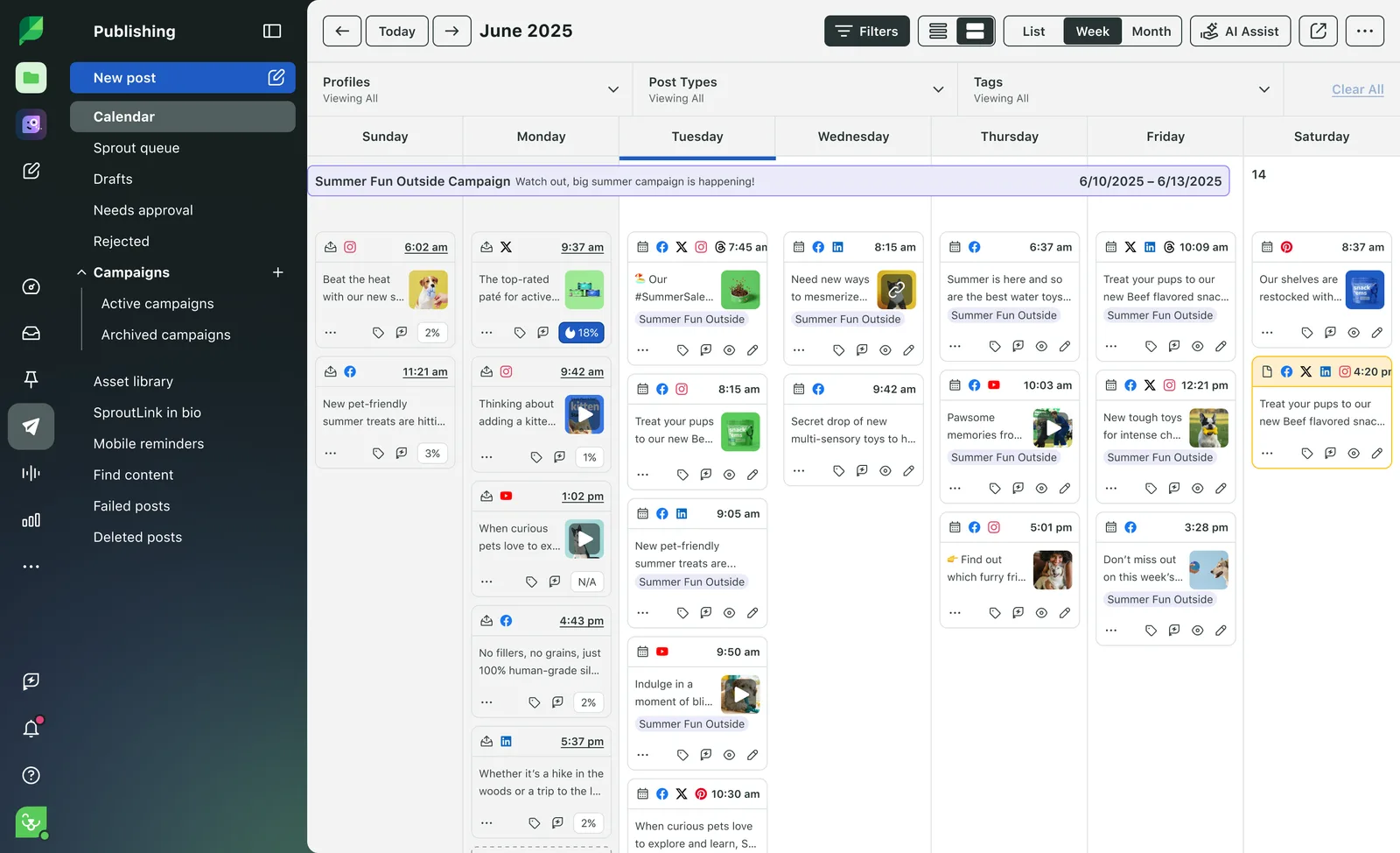 Sprout Social Publishing Calendar week view with a campaign banner, scheduled posts across Instagram, X, Facebook, and LinkedIn, and Needs approval and Sprout queue menus
