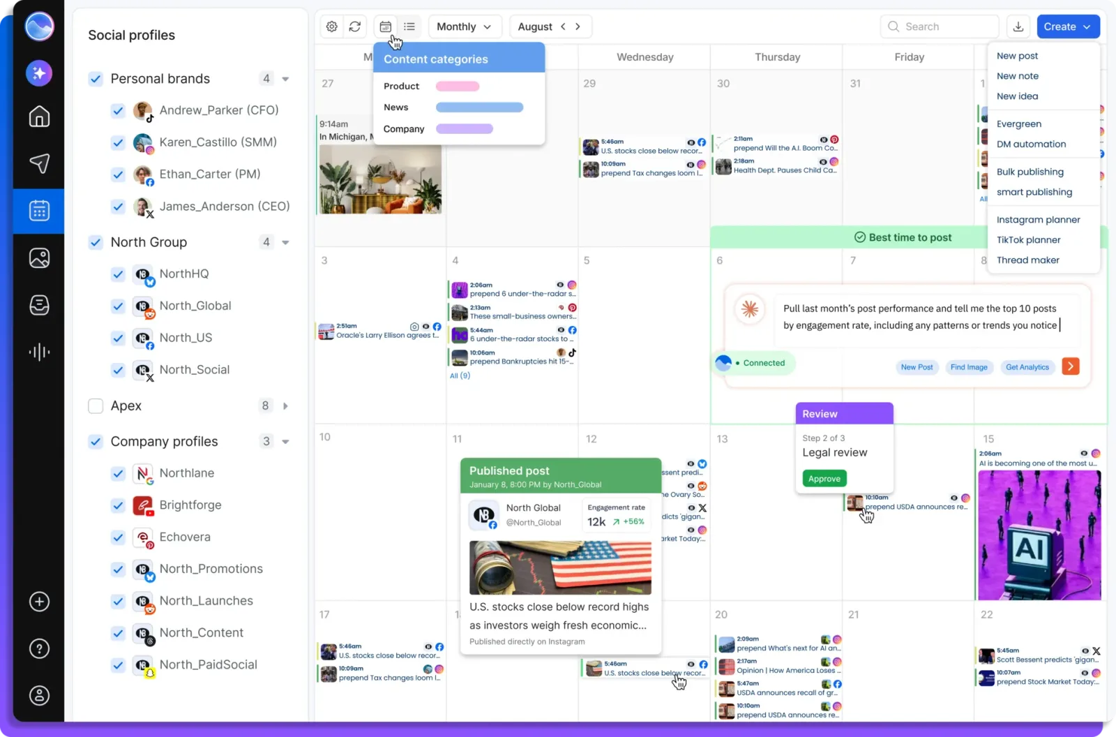Vista Social content calendar month view with profile groups for Personal brands, North Group, Apex, and Company profiles, color-coded content categories, a Best time to post band, a Legal review approval step, and a Create menu