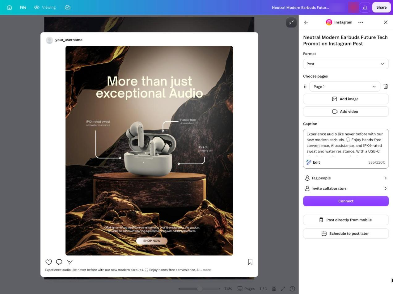 Canva Instagram posting panel with a caption filled in and the same caption shown under the post preview for visual-first social content creation.