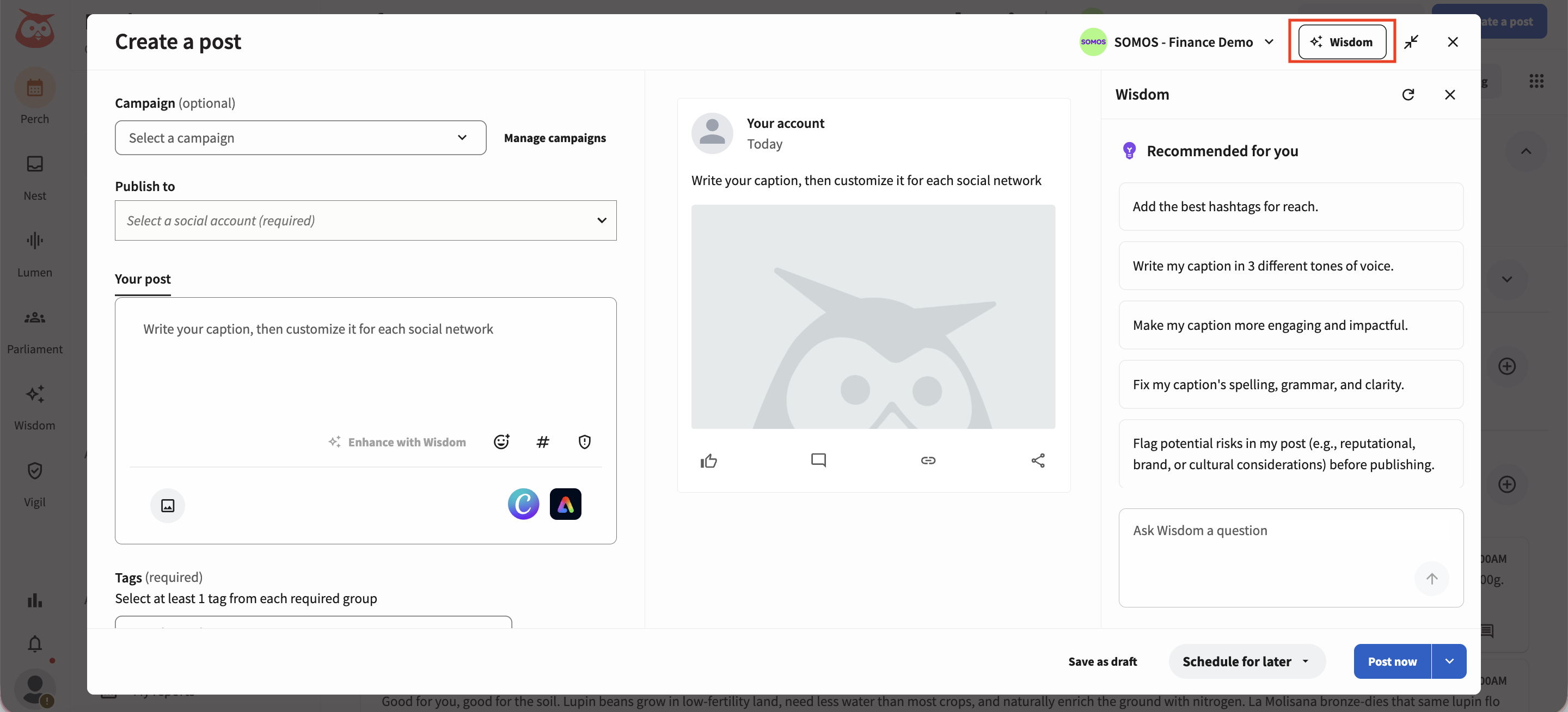 Hootsuite interface showing Wisdom caption recommendations beside a multi-network social post composer.