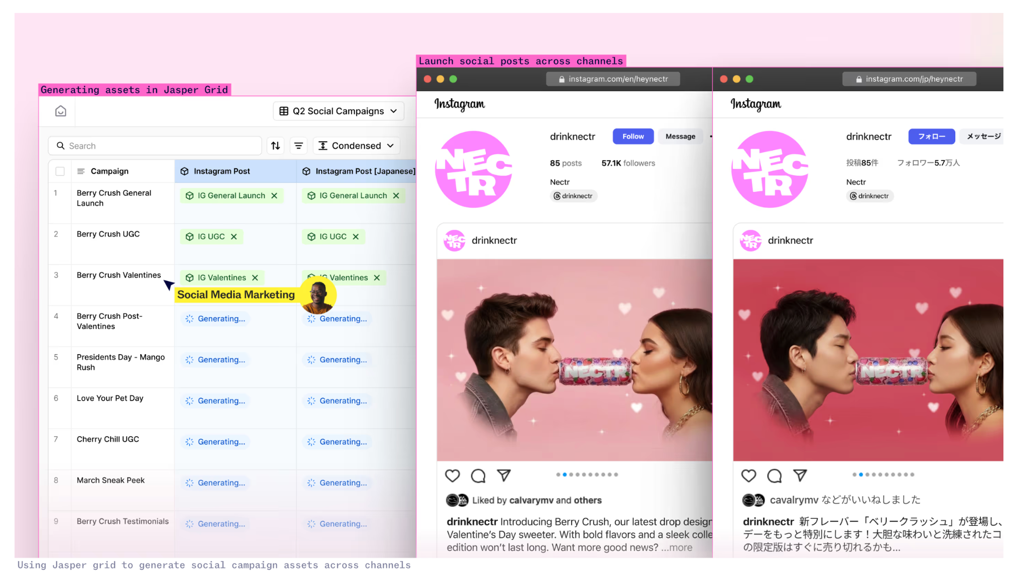 Jasper Grid interface showing social campaign assets being generated for Instagram posts across languages.