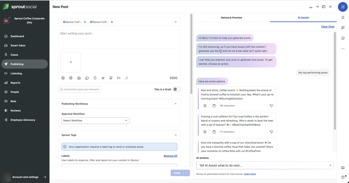 Sprout Social New Post with AI Assist options generated after choosing My top performing posts for social copywriting.