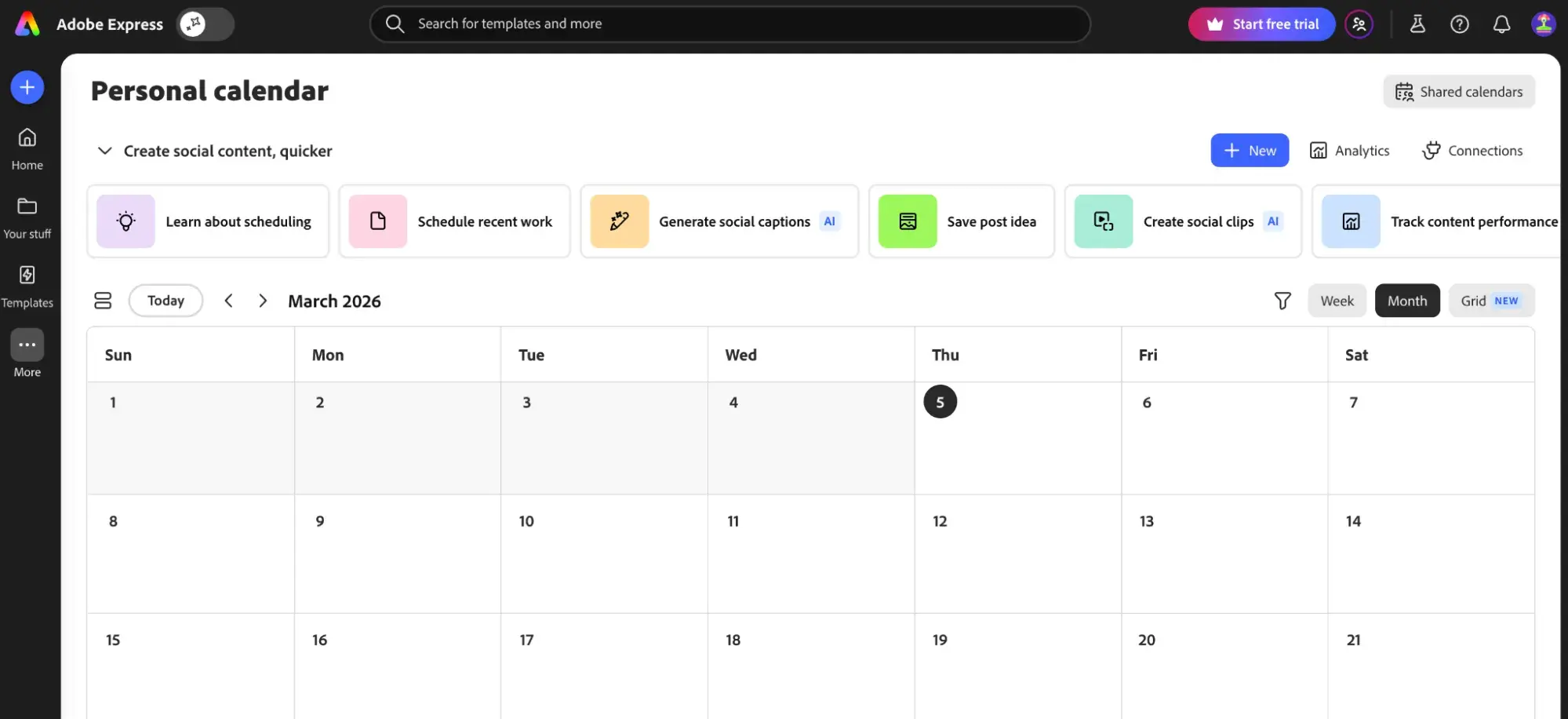 Adobe Express interface showing a personal Content Scheduler calendar with caption and post-creation controls.