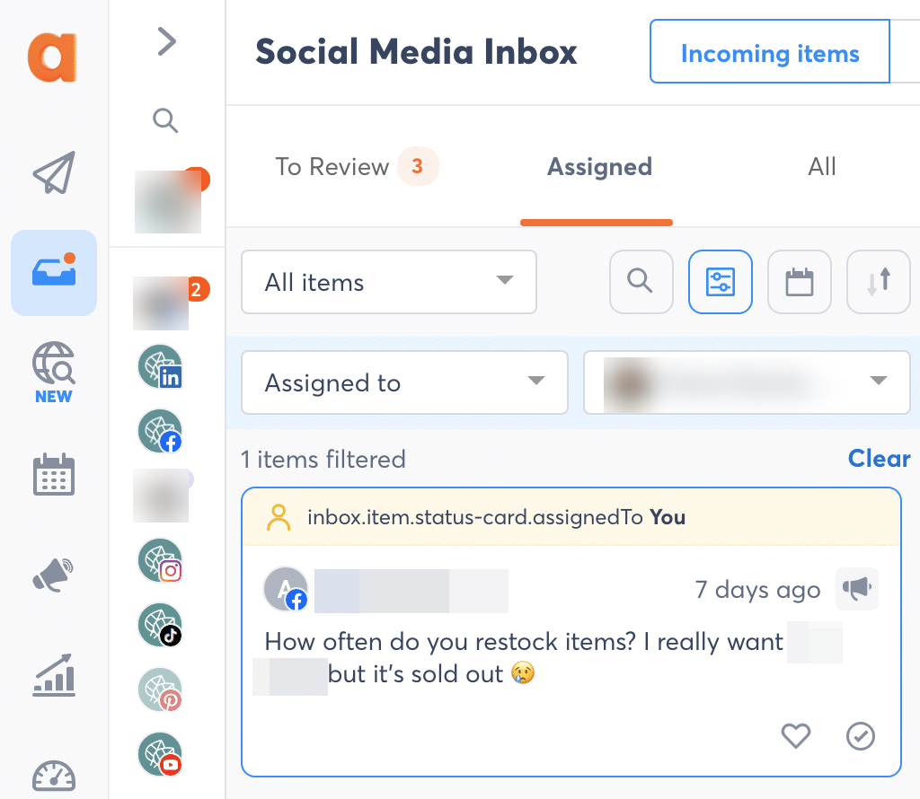 Agorapulse interface showing an assigned social inbox item across connected profiles for low-volume community management.