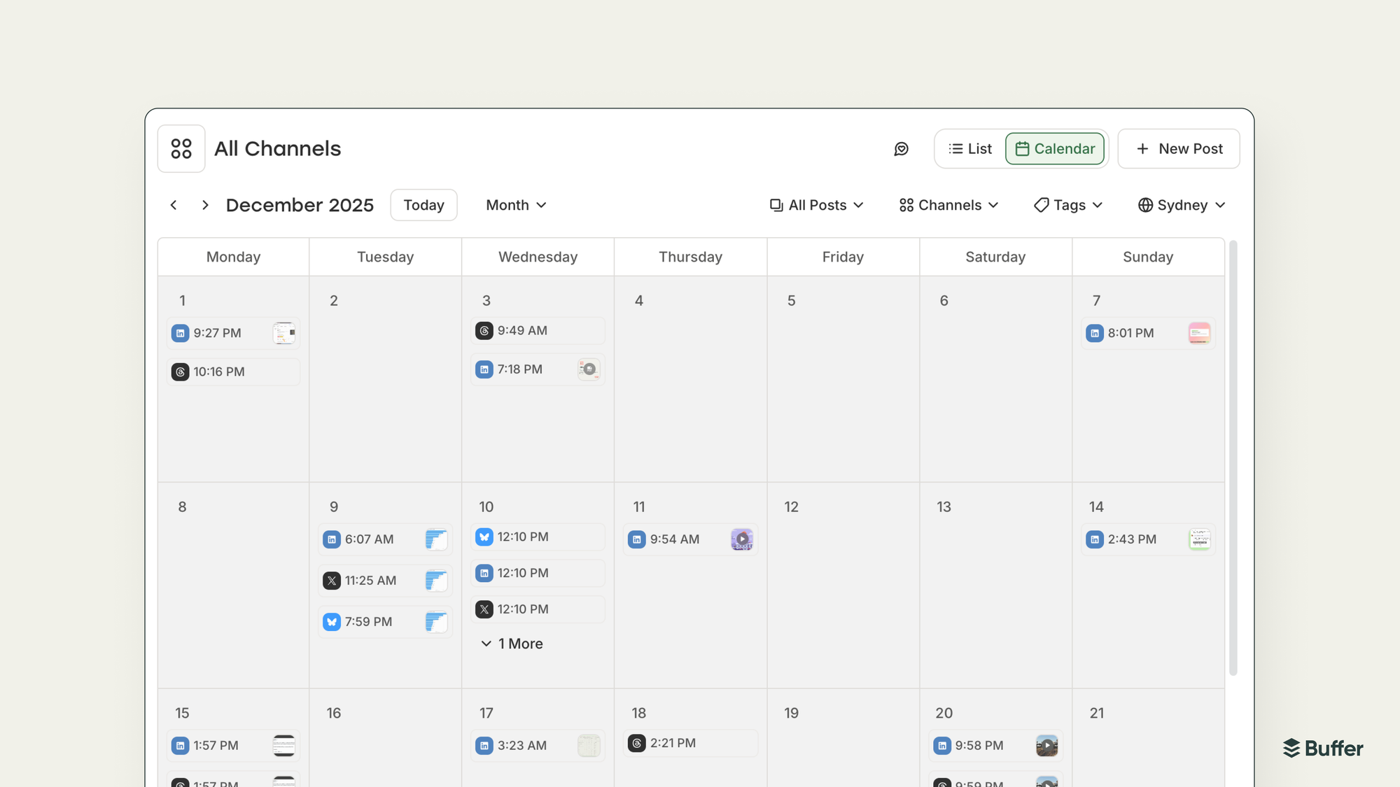 Buffer interface showing a multi-channel publishing calendar with scheduled LinkedIn, X, and Threads posts.