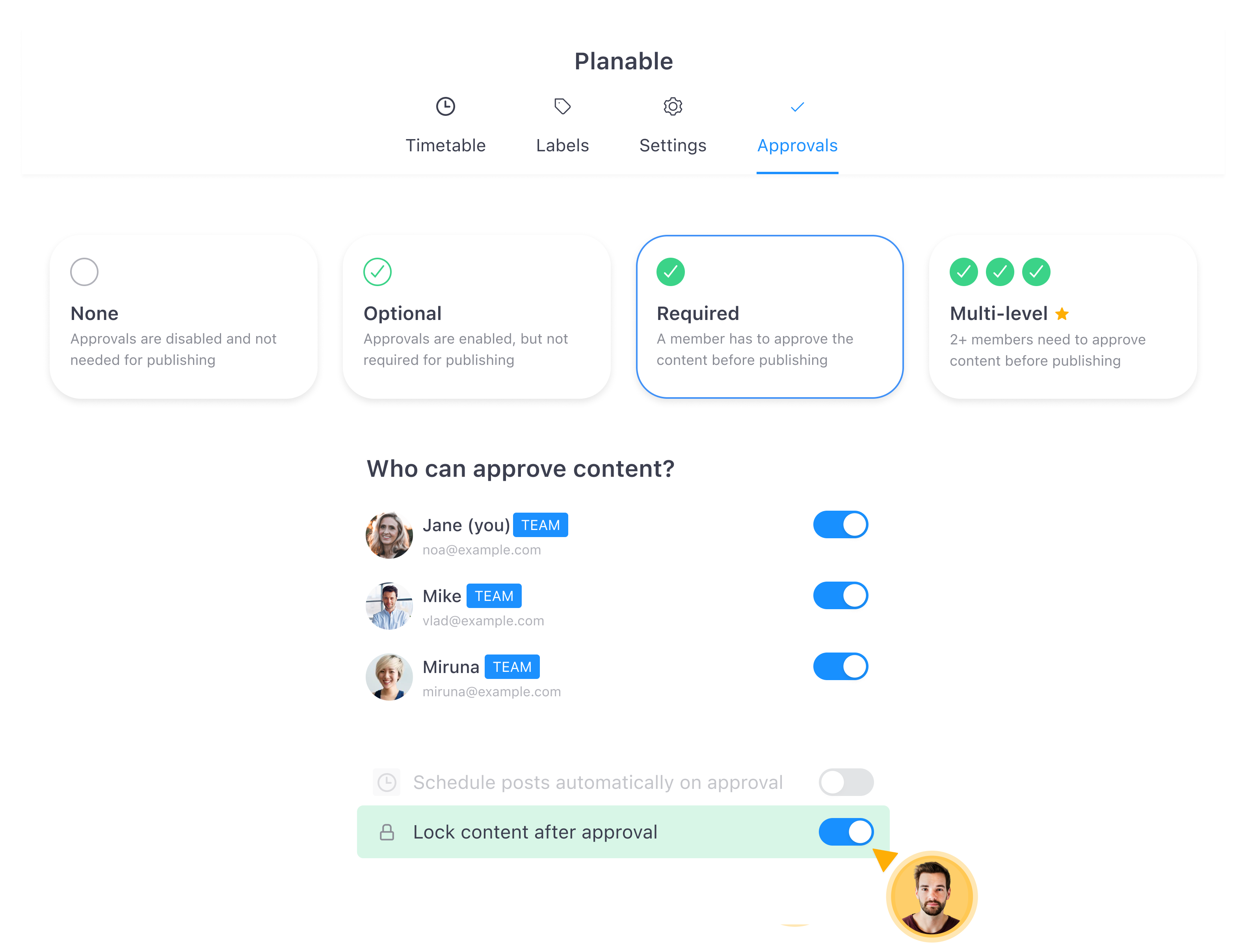 Planable interface showing None, Optional, Required, and Multi-level approval settings for reviewing content across multiple social media profiles.
