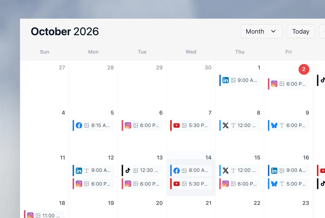 Velocity content calendar showing scheduled posts across LinkedIn, Instagram, Facebook, YouTube, X, Bluesky, and TikTok for scheduling content across multiple profiles.