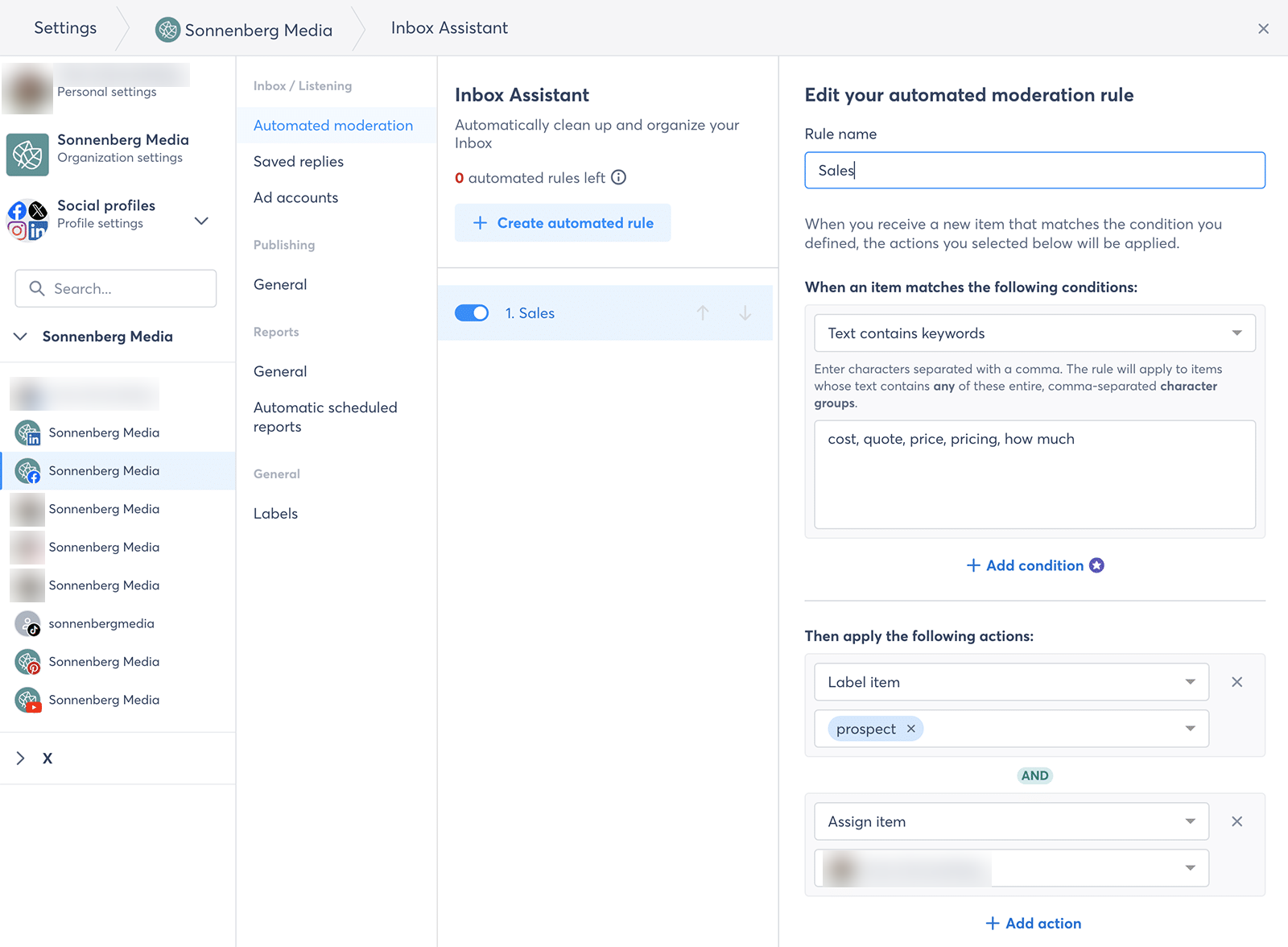 Agorapulse interface showing an inbox rule that labels prospect messages and assigns them to a team member for real-estate lead-response ownership.