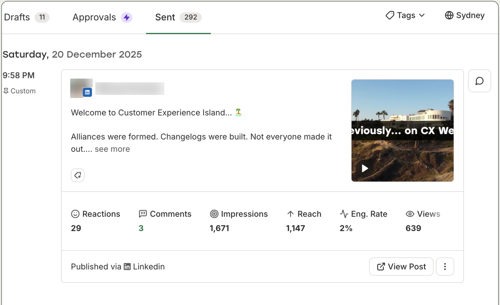 Buffer interface showing Drafts, Approvals, and Sent tabs with post performance data for real-estate social scheduling.