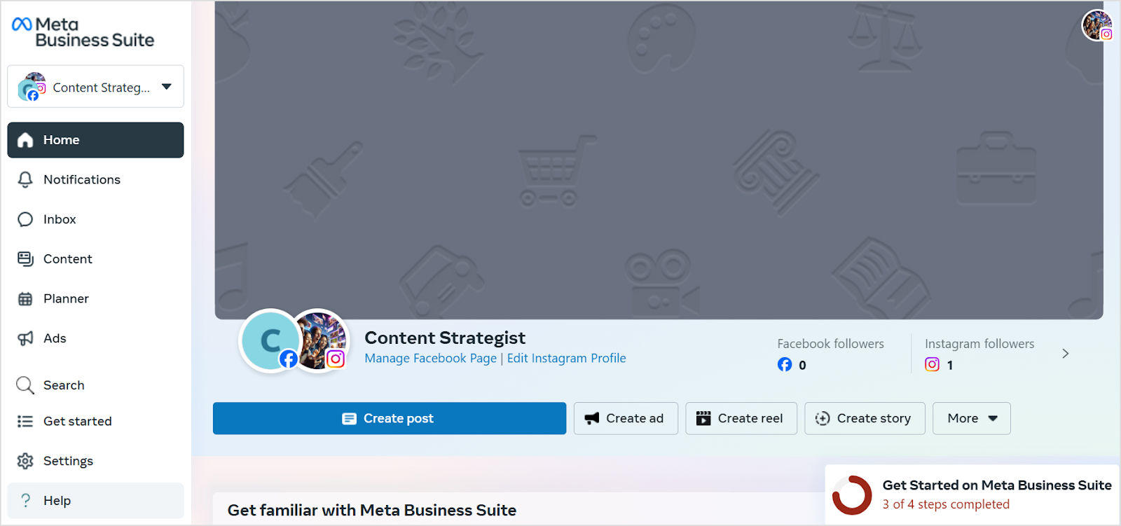 Meta Business Suite interface showing linked Facebook and Instagram accounts with options to create a post, reel, or story for real-estate social management.
