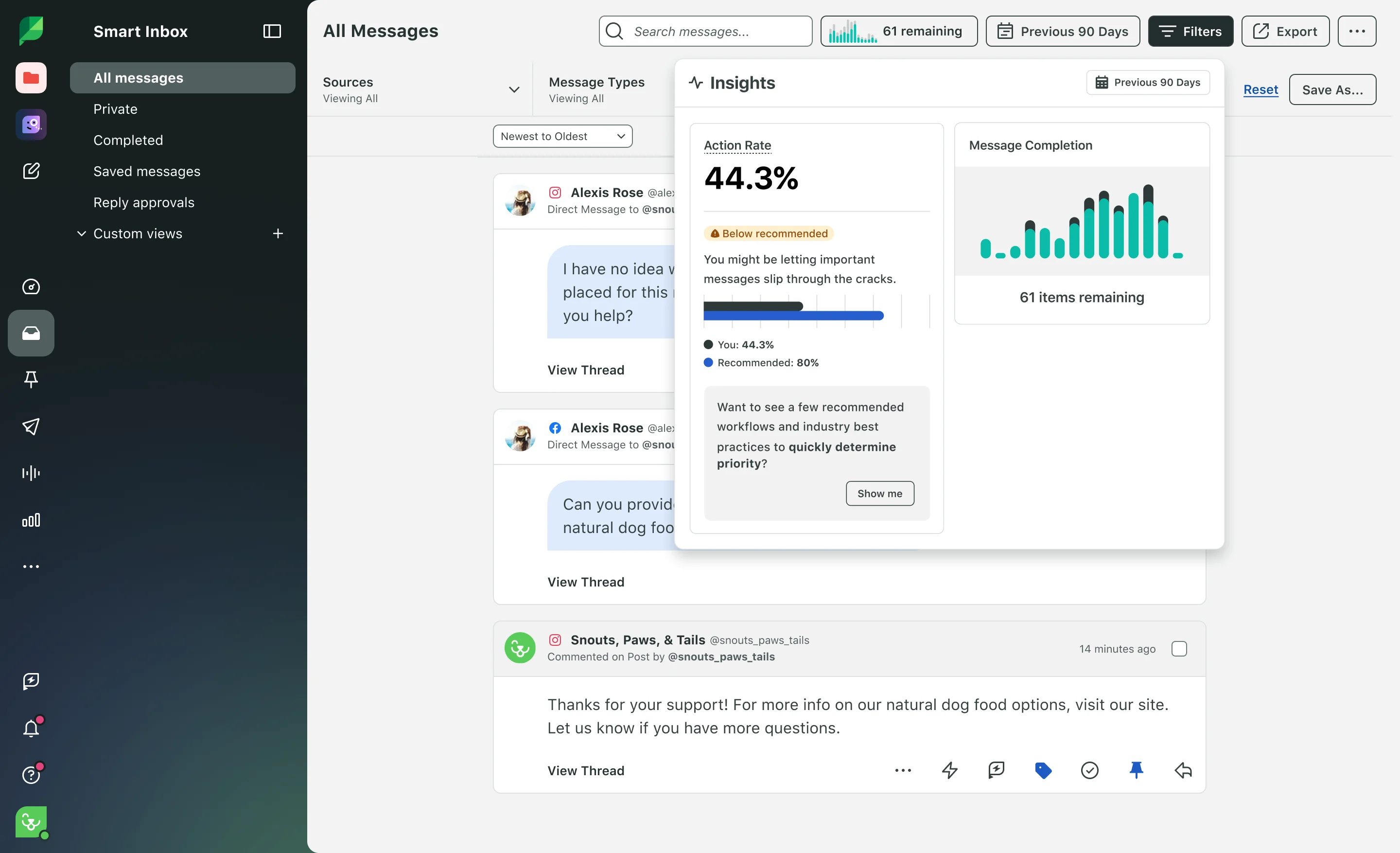 Sprout Social interface showing Smart Inbox insights, reply approvals, and team message-completion data for real-estate social engagement.