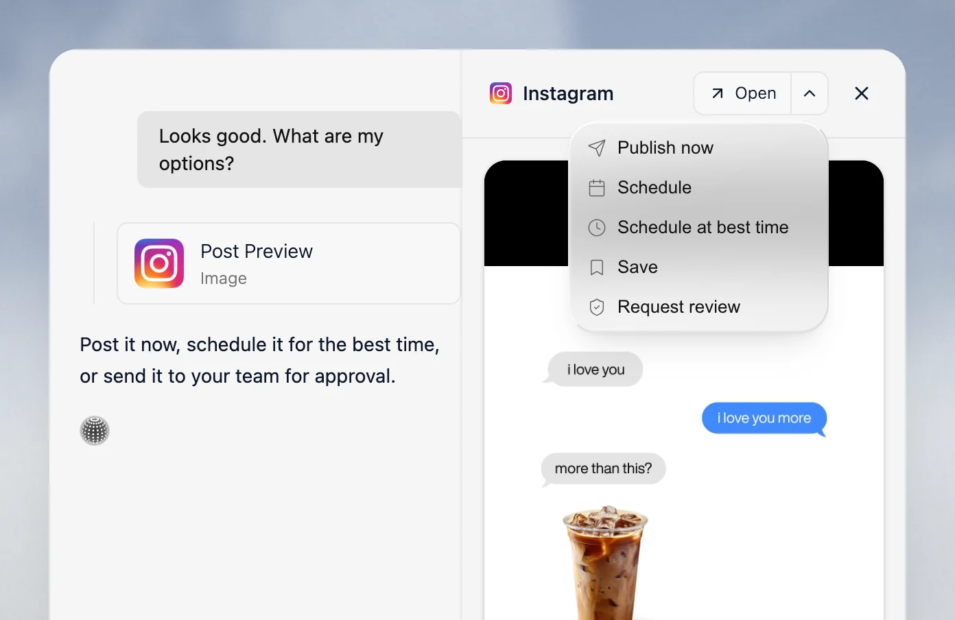 Velocity interface showing an Instagram post preview with options to publish, schedule, or request review for a real-estate social workflow.