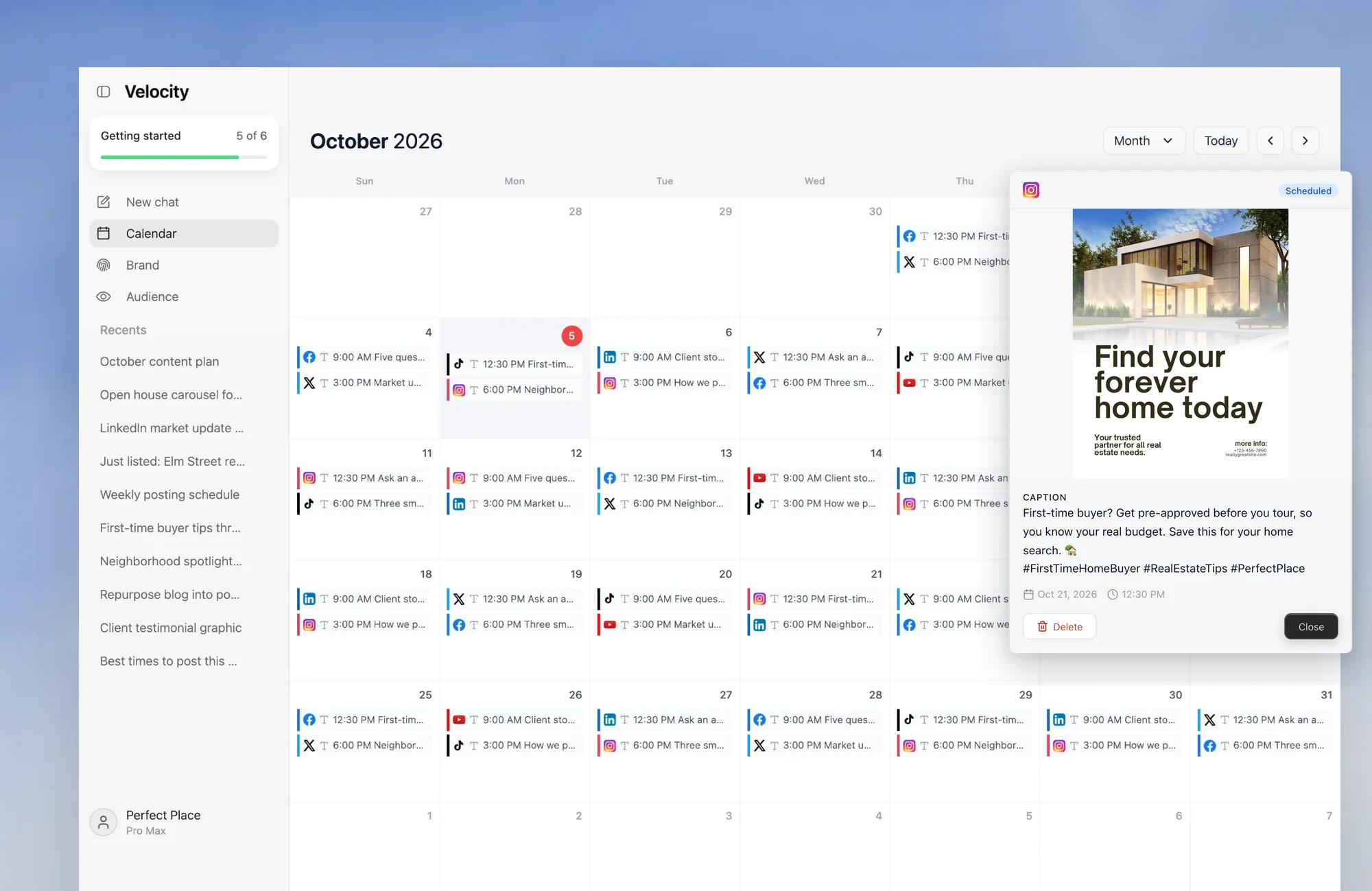 Velocity content calendar showing planned real-estate social posts and scheduled publishing slots for a real-estate marketing team.