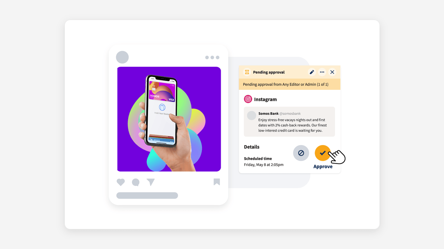 Hootsuite approval workflow with a draft post waiting for a teammate's review before publishing