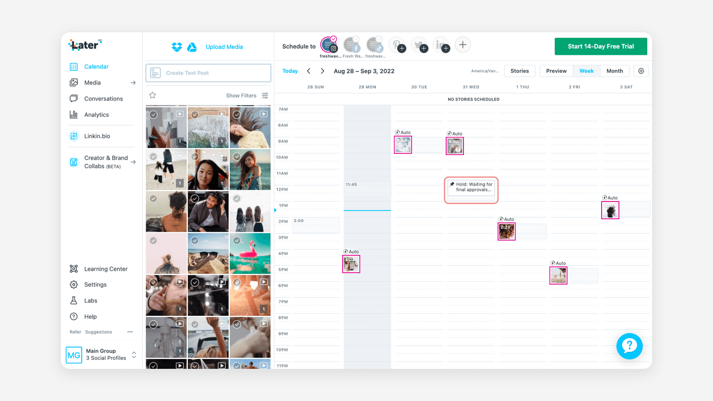 Later drag-and-drop visual calendar with Instagram posts planned for the weeks ahead