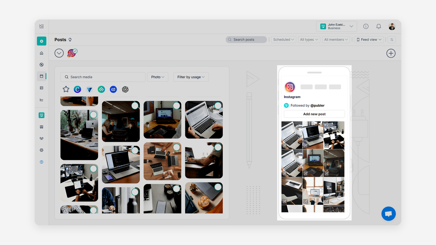 Publer drag-and-drop media library next to an Instagram feed preview for planning visual content