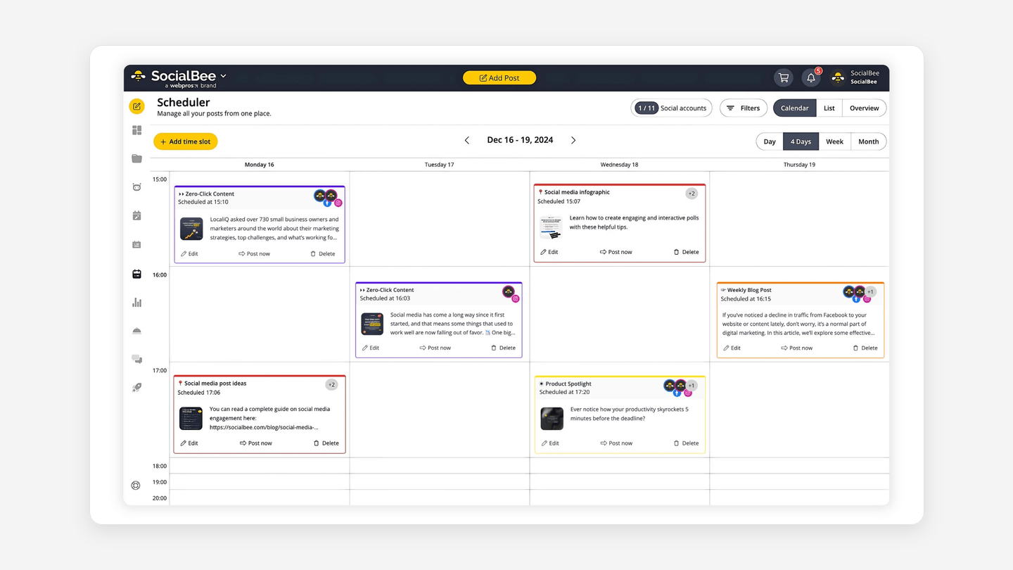 SocialBee content categories sorting a queue of scheduled posts by theme