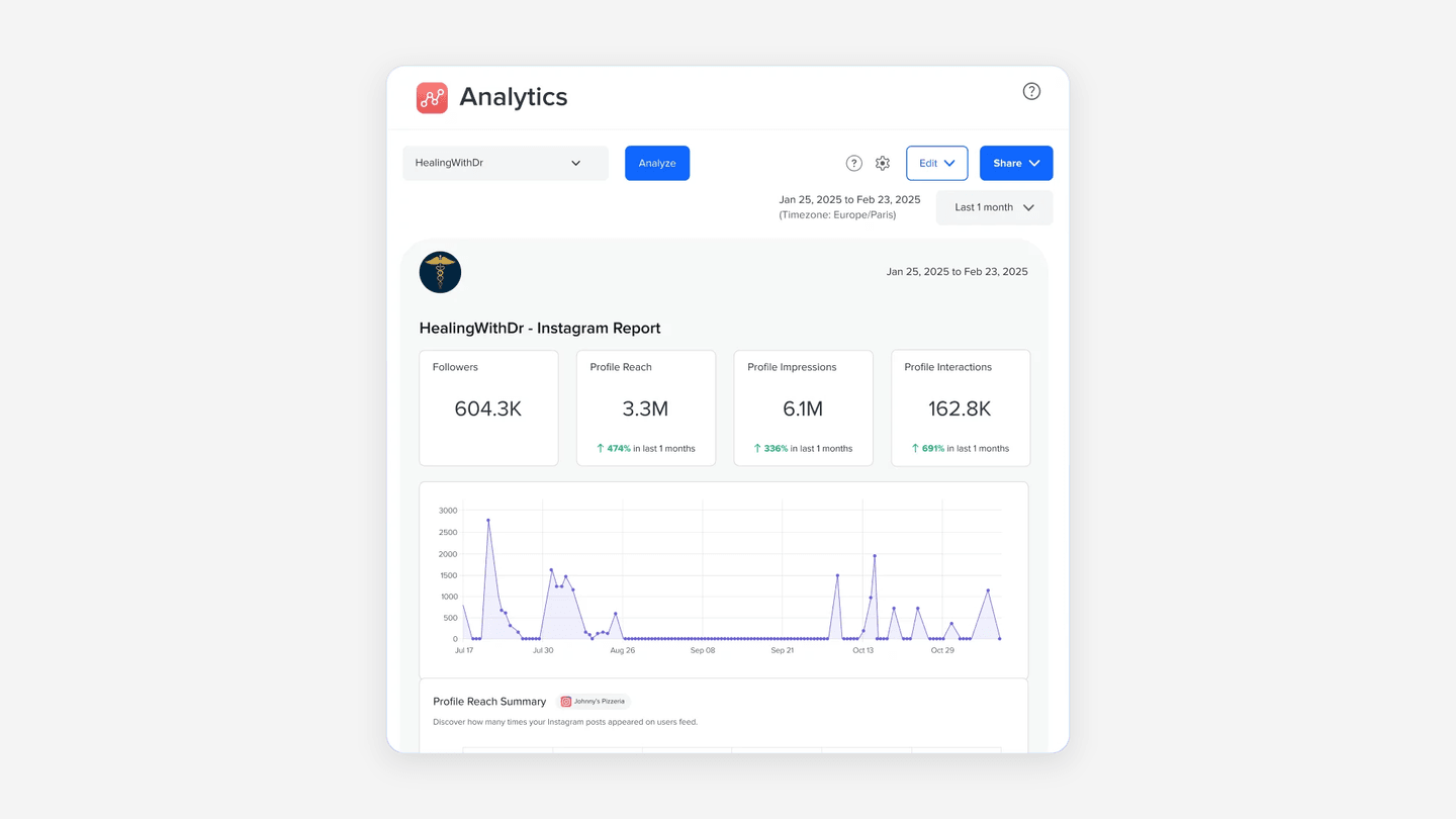SocialPilot white-label report branded with a custom logo and ready to send to a client