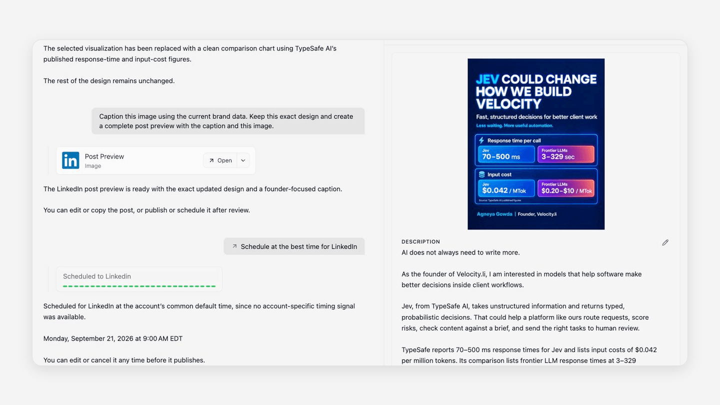 Velocity AI social media agents drafting a LinkedIn post in a conversational workspace