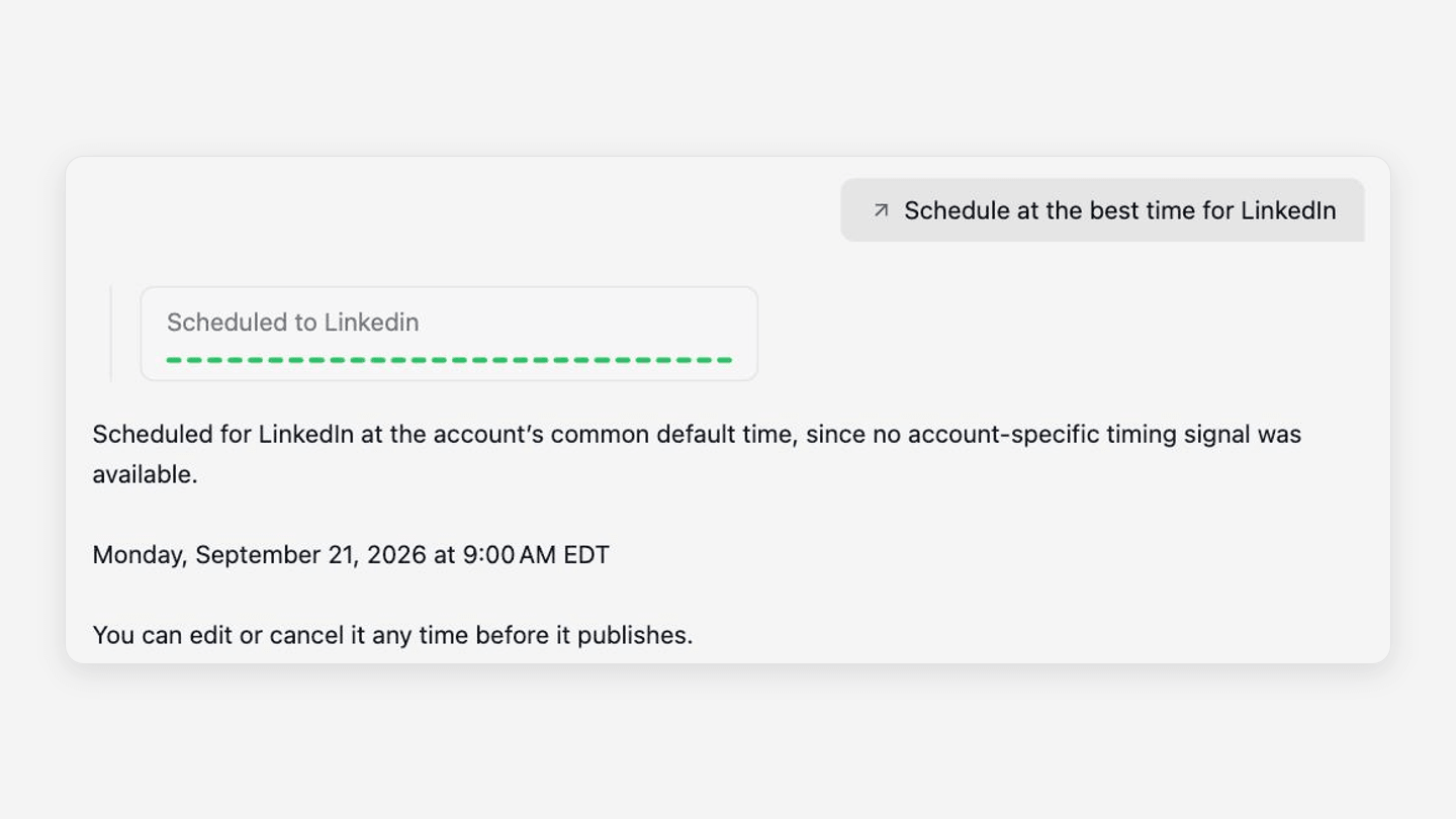 Velocity agent scheduling a LinkedIn post for 9 a.m. from a request in plain English