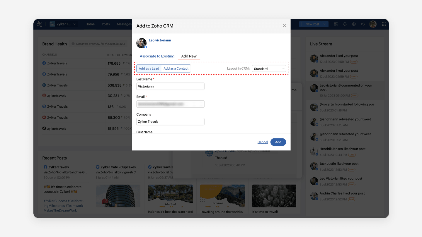 Zoho Social sending a social media interaction to Zoho CRM as a new lead