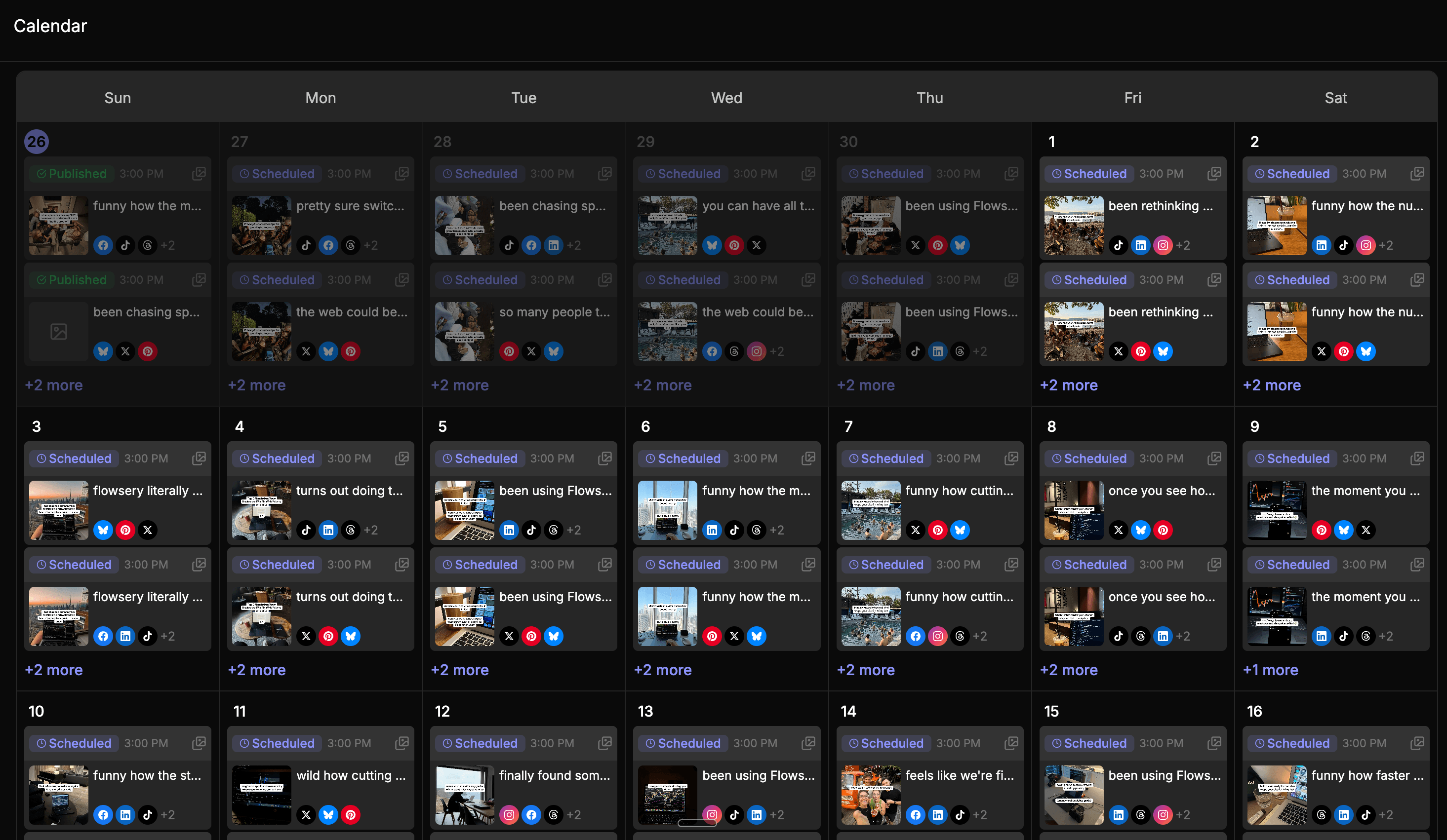 AdaptlyPost interface showing a content calendar with scheduled and published posts across multiple social channels.