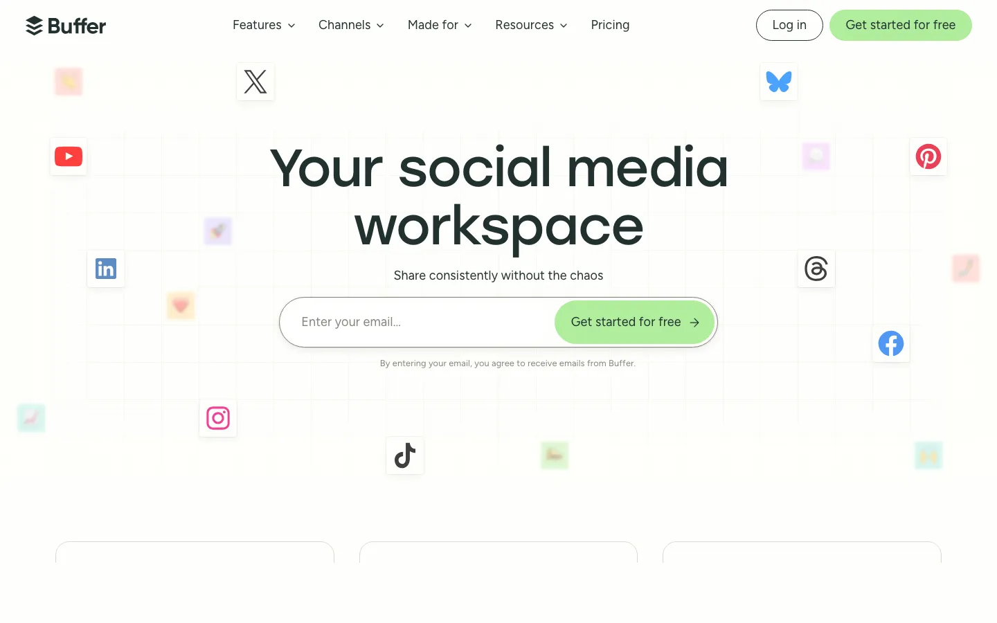 Buffer's marketing homepage in 2026, showing its scheduler-first positioning