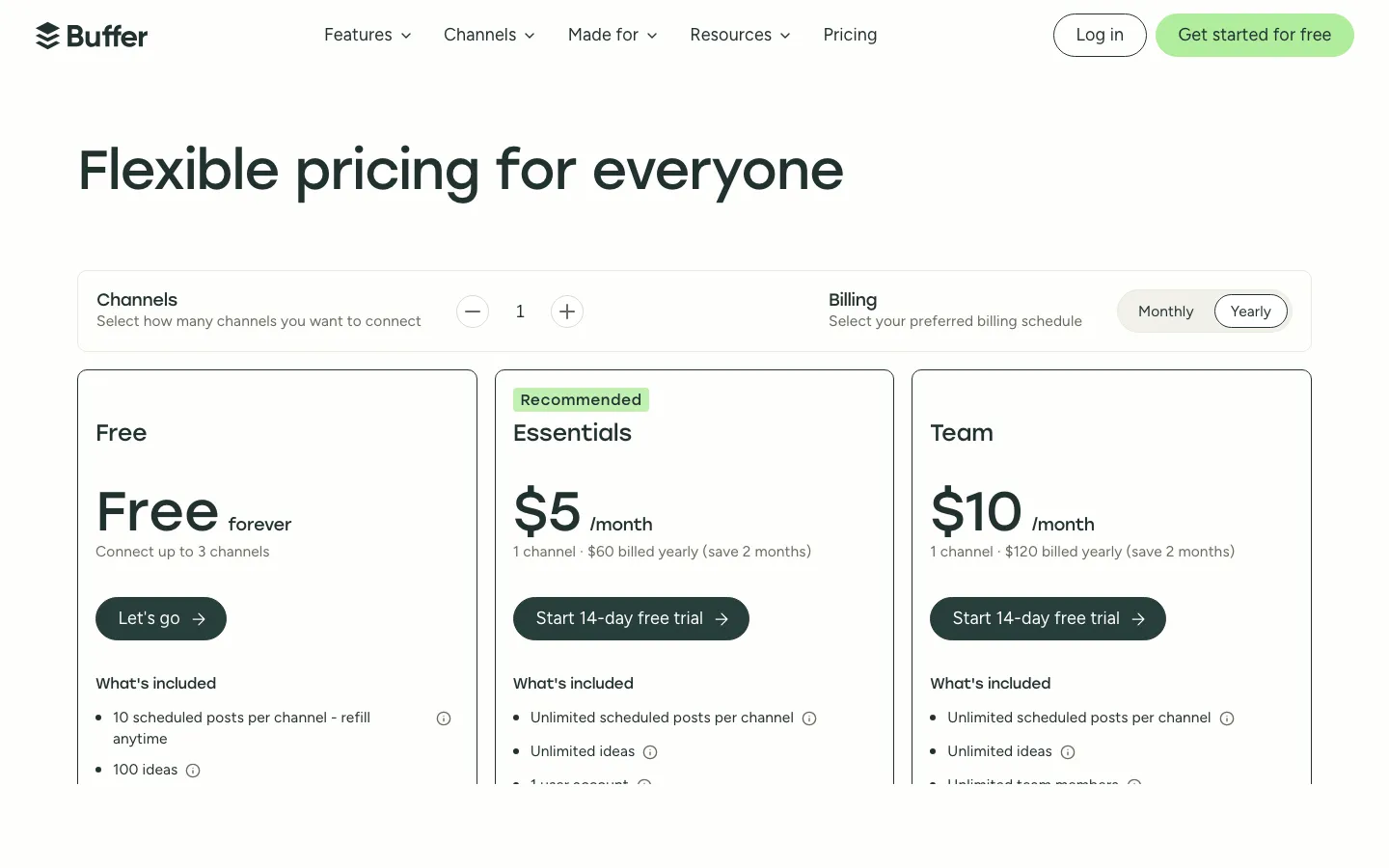Buffer's pricing page showing per-channel pricing tiers