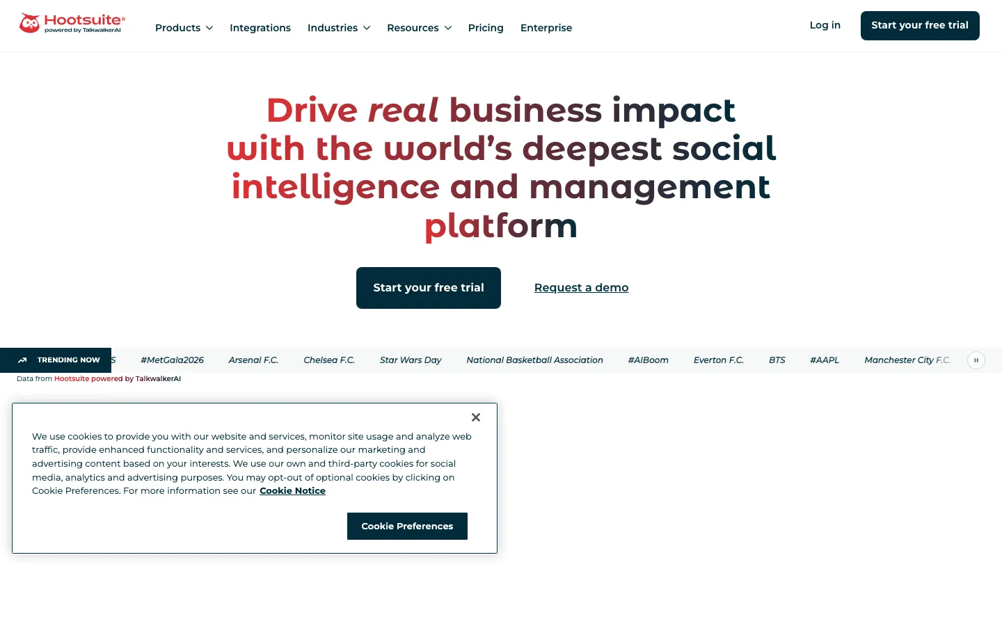 Hootsuite's homepage emphasizing its enterprise-tier positioning and governance features