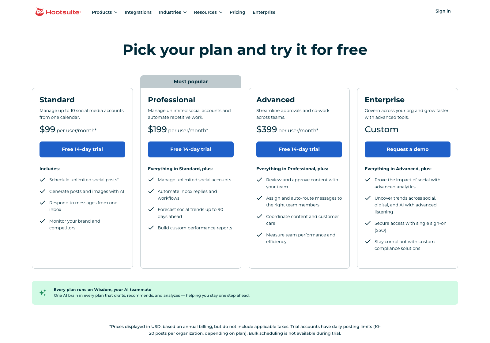 Hootsuite plans showing Standard, Professional, Advanced, and Enterprise options