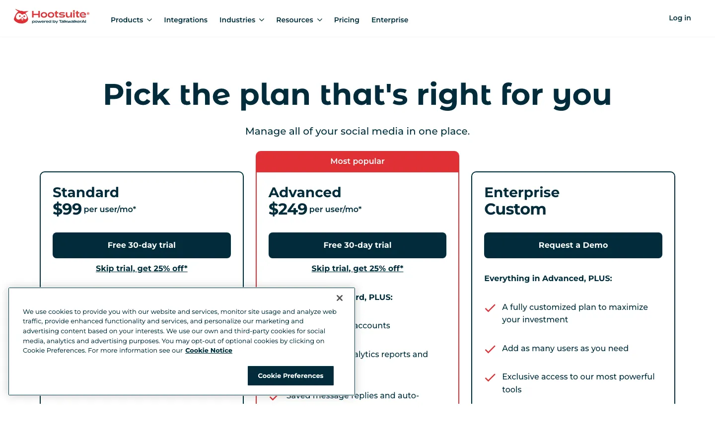 Hootsuite's pricing page — Professional plan starts at $99/mo