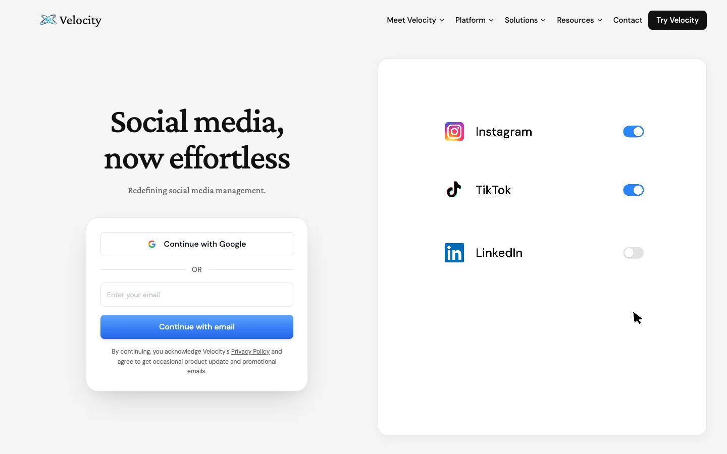Velocity's homepage — the conversational AI agent is the primary interface, not an add-on