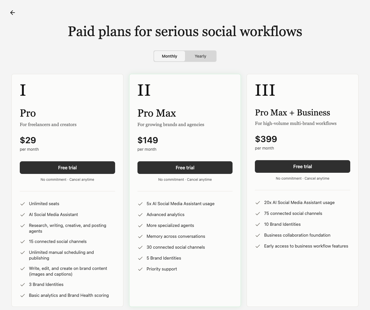 Velocity's pricing page with Pro at $29/mo, Pro Max at $149/mo, and Pro Max + Business at $399/mo