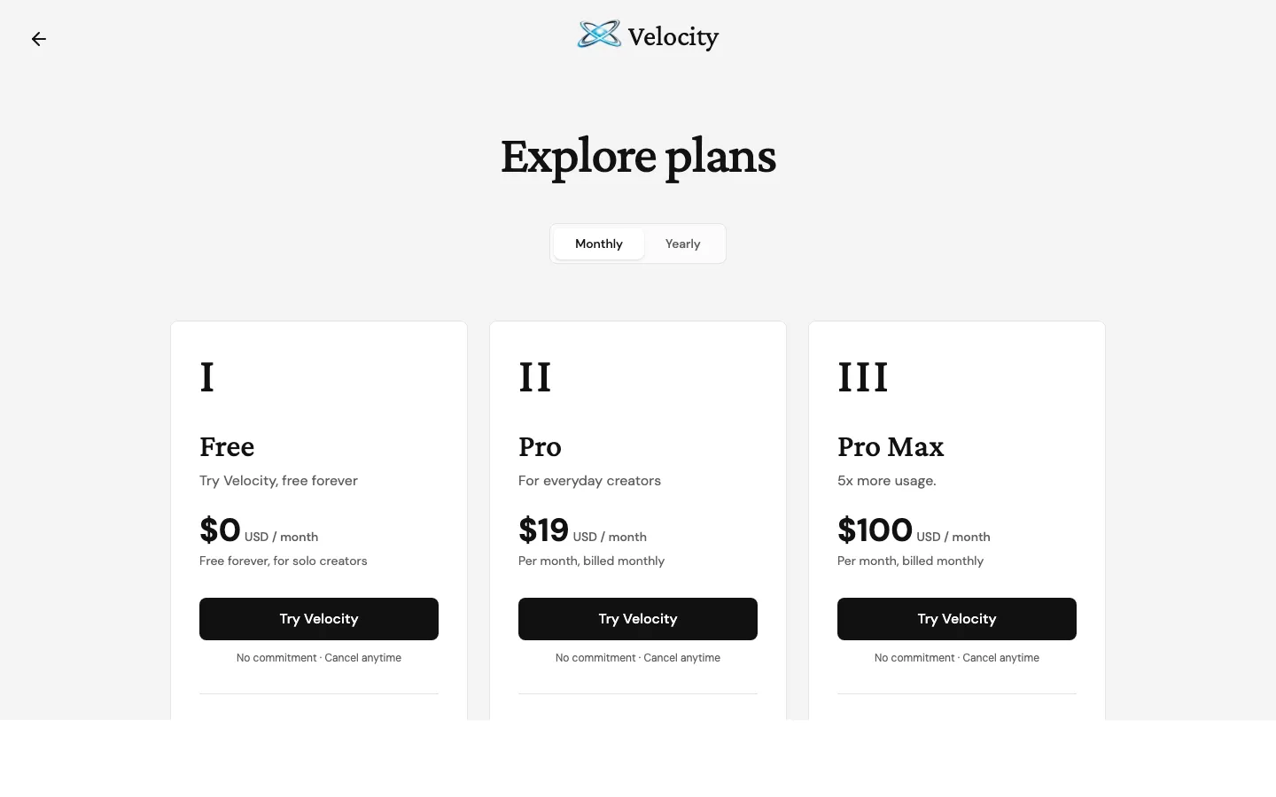 Velocity's pricing page — Free, Pro at $19/mo, Pro Max at $100/mo