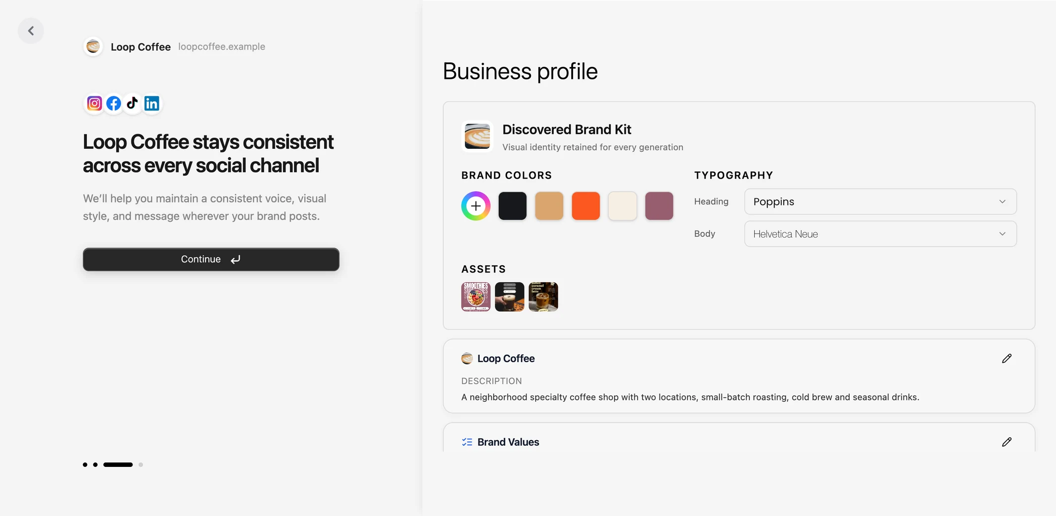 Velocity Business profile for Loop Coffee: brand colors, typography, assets, description, audience and brand values