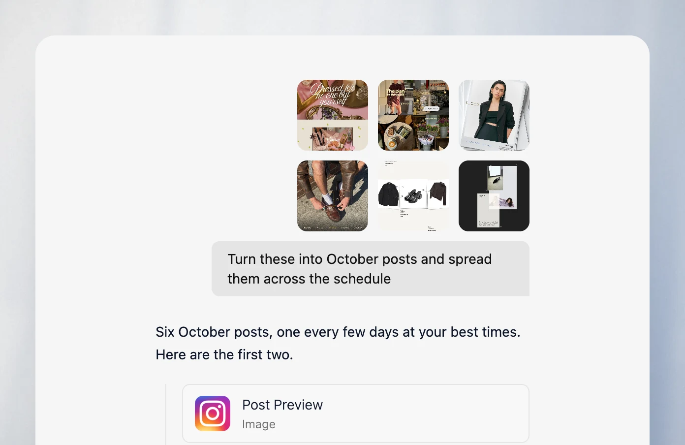 Velocity chat turning six uploaded fashion images into October posts spread across the schedule