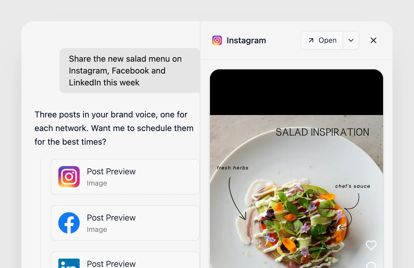 Velocity chat writing a new salad menu post for Instagram, Facebook and LinkedIn, with the Instagram preview open beside it