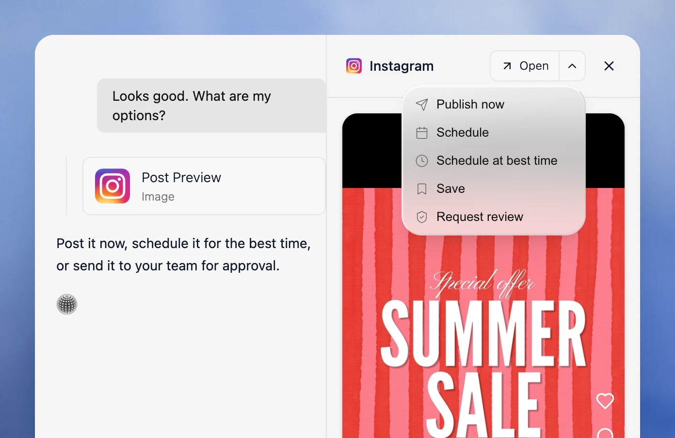 Velocity chat with a summer sale Instagram post ready and the options Publish now, Schedule, Schedule at best time, Save and Request review