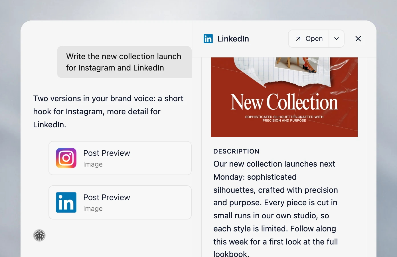 Velocity writing a new collection launch in two versions, a short hook for Instagram and more detail for LinkedIn, with the LinkedIn preview open