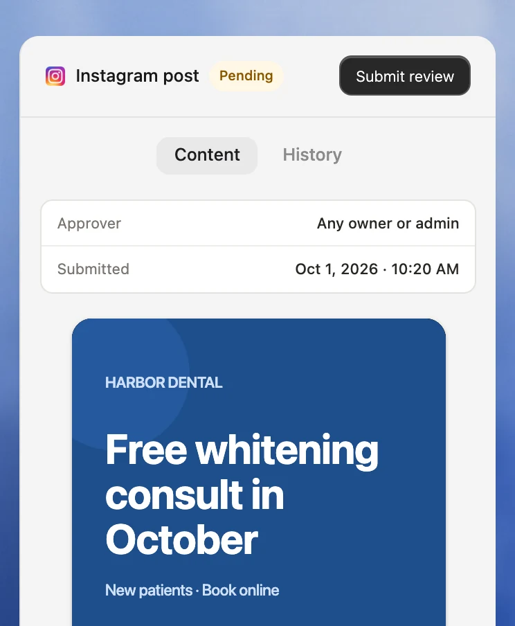 Velocity review panel with a client's pending Instagram post and the Submit review button