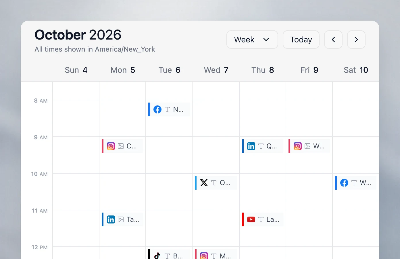 Velocity content calendar week view with scheduled posts color-coded by platform