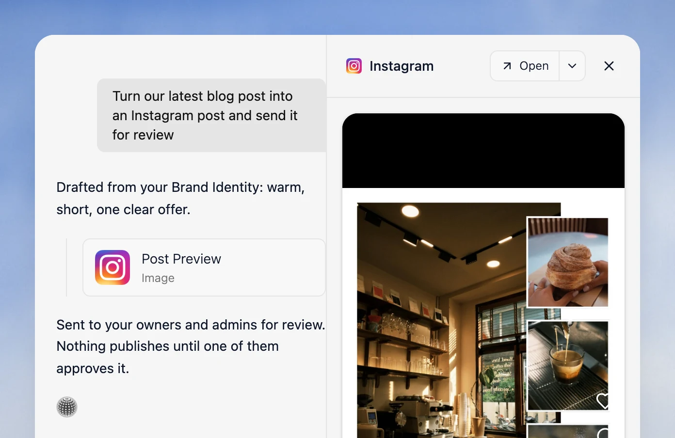 Velocity chat drafting a cafe Instagram post from the Brand Identity and sending it for review, with the post preview open beside it