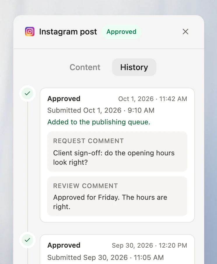 Velocity post history with two approvals: a team lead review, then the client's sign-off