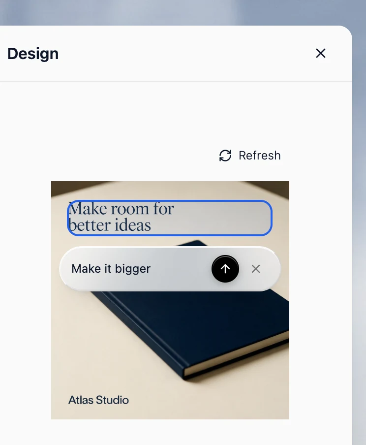 Velocity design editor with the headline selected and an edit box next to it