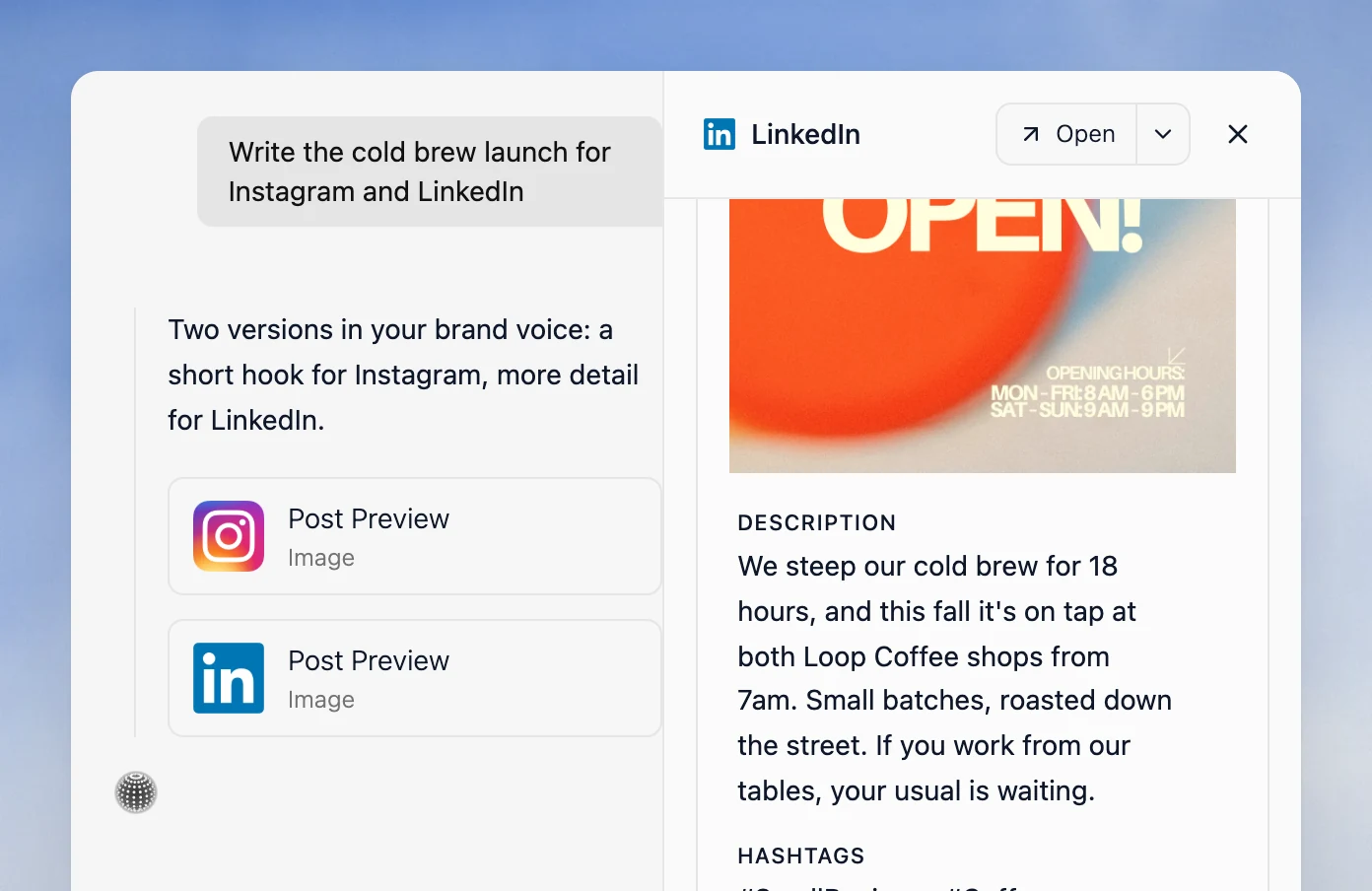 Velocity chat with Instagram and LinkedIn post previews and the LinkedIn post open beside it