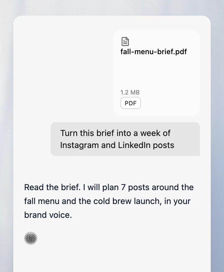 Velocity chat with a PDF brief attached to a request for a week of posts