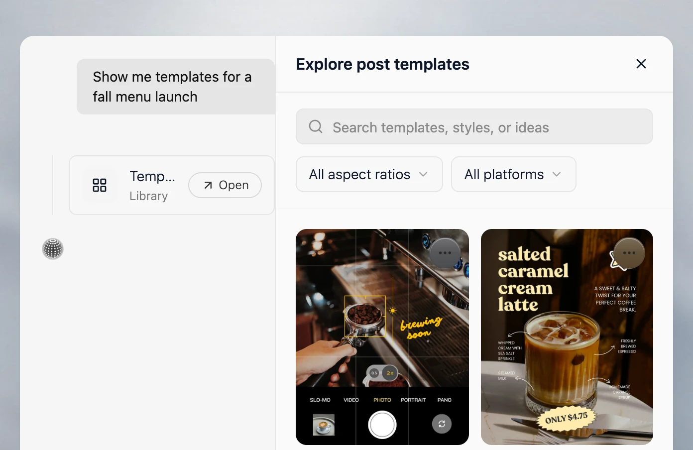 Velocity chat asking for fall menu launch templates, with coffee post templates open in the template browser