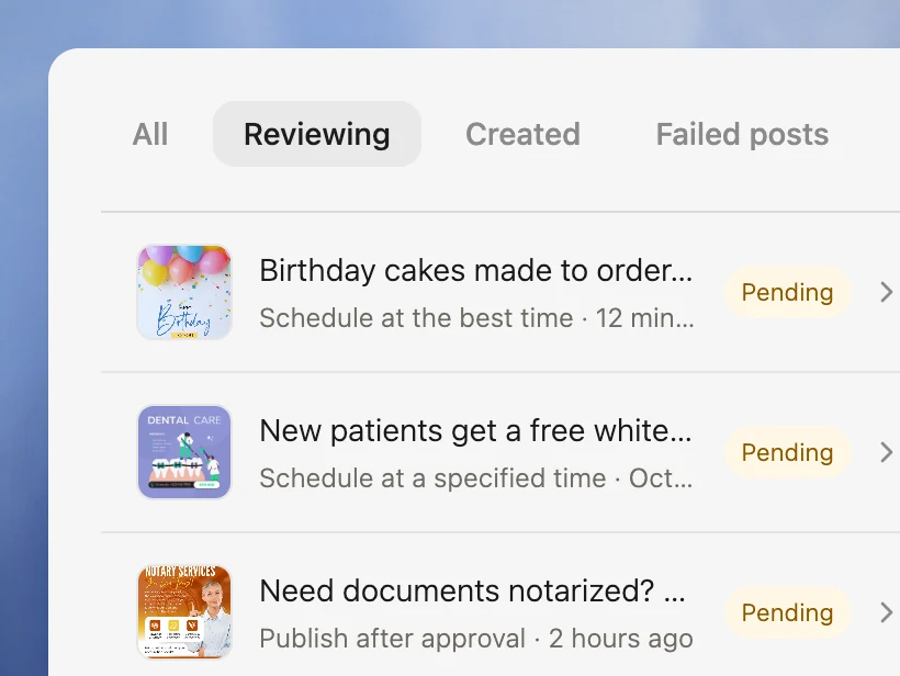 Velocity review list with posts from four businesses waiting for approval